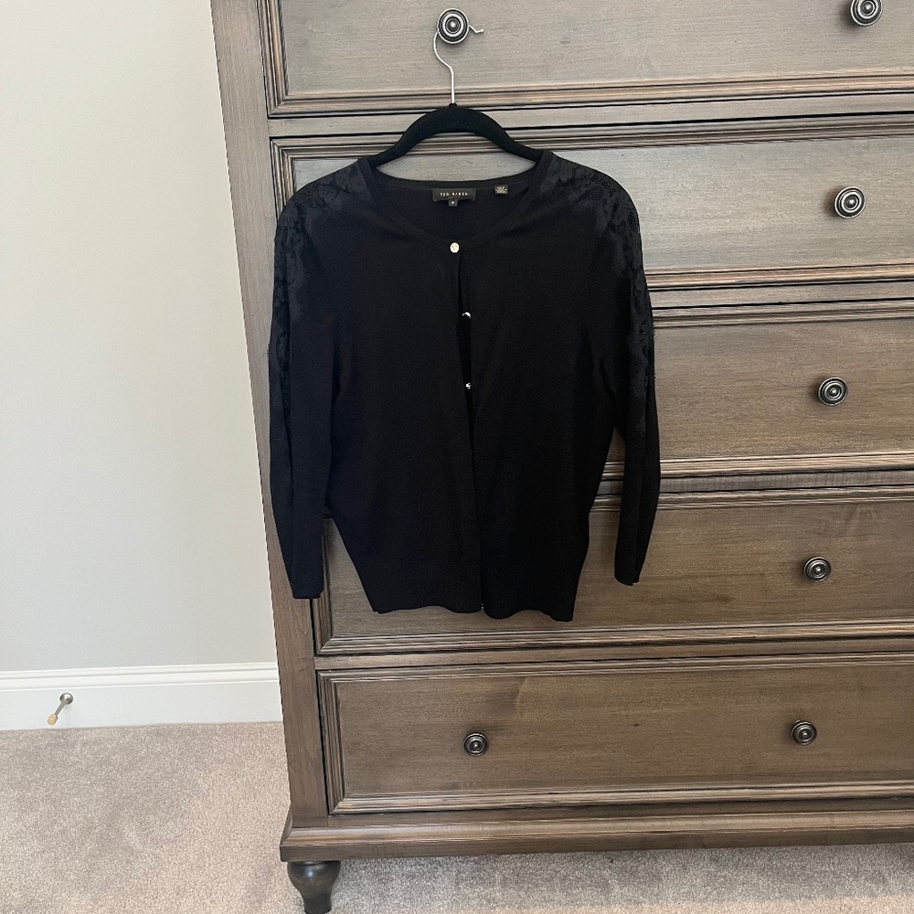 Ted baker black with lace sleeves button up sweater size 2